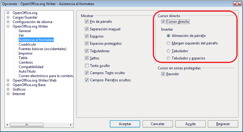 Configurar cursor directo en Writer