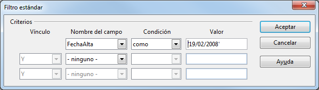 Aplicando un filtro estandard a un campo de tipo fecha en OpenOffice Base