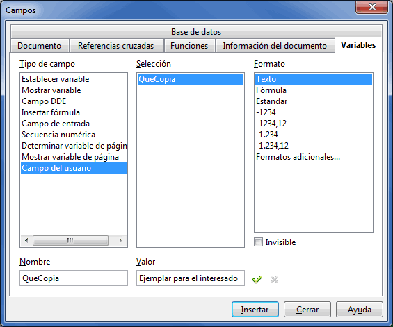 Insertar campo de usuario en documento Writer