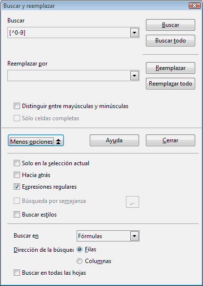 Usando expresiones regulares en buscar-reemplazar en OpenOffice Calc