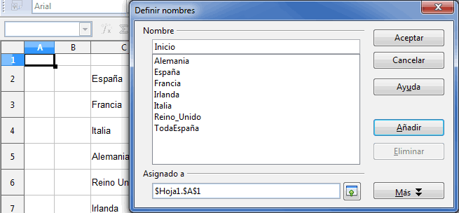 Bautizamos la celda A1 de la Hoja1 como Inicio 