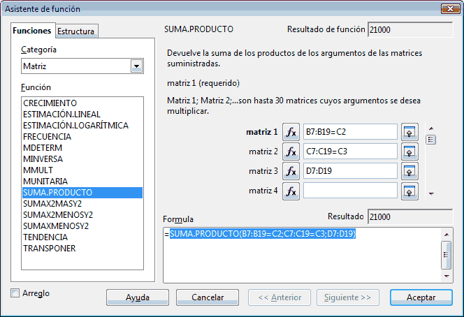 Uso de la función SUMA.PRODUCTO en OpenOffice Calc