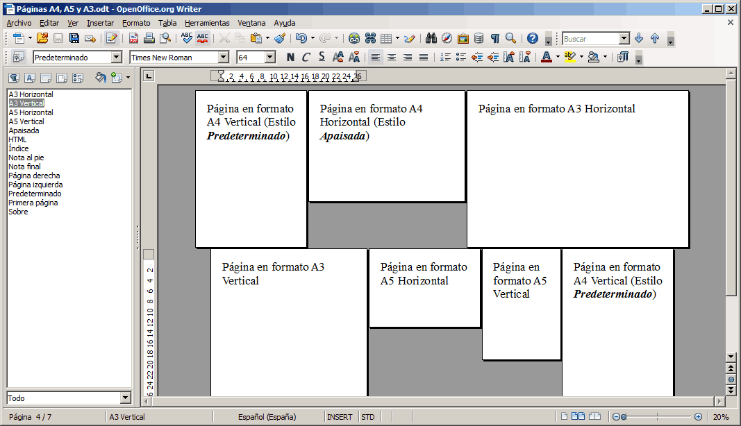 Páginas en formatos A3 A4 y A5 en un documento de OpenOffice Writer
