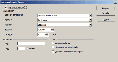 Diálogo Numeración de líneas en OpenOffice Writer