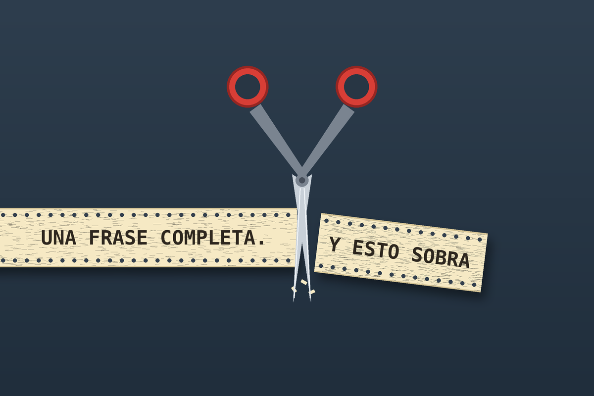 Cinta de telegrama con una frase completa cortada por unas tijeras justo después del punto