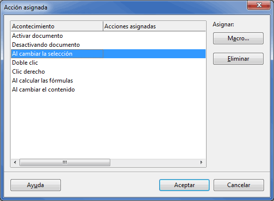 Diálogo Asignar macro con los eventos de la hoja