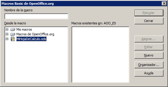 Diálogo Macros básicas con el botón Organizador