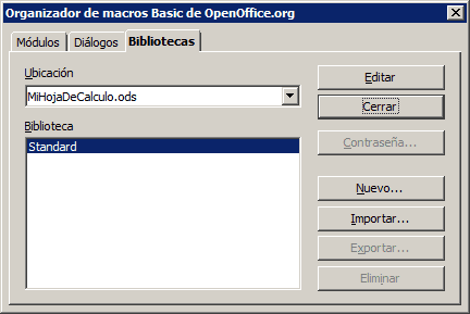 Pestaña Bibliotecas del Organizador de macros