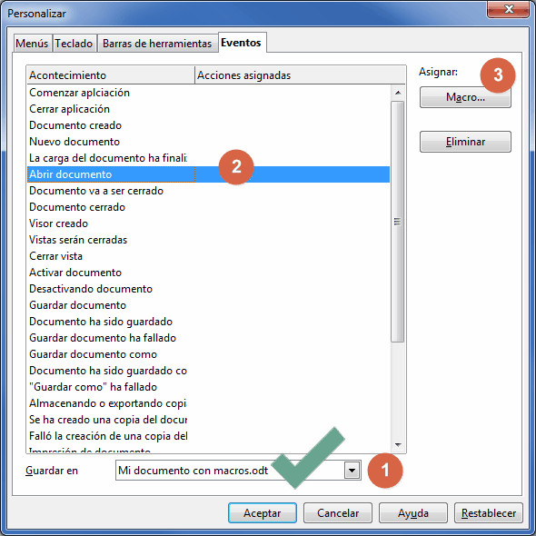 Ficha Eventos del diálogo Personalizar con Abrir documento