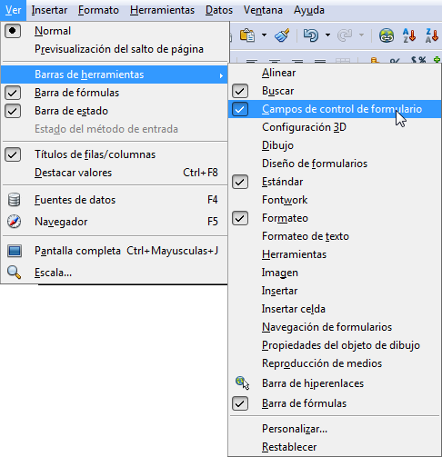 Mostrar la barra de Campos de control de formulario en OpenOffice.org Calc