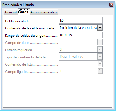 Propiedades del control Listado para el Destino en OpenOffice.org Calc