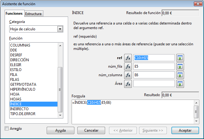 La función ÍNDICE en OpenOffice.org Calc