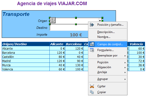 Editando las propiedades del control Listado del formulario en OpenOffice.org Calc