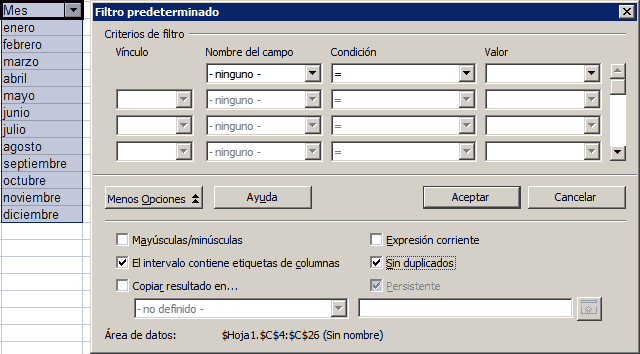 Ocultar -filtrar- los elementos duplicados de una lista en OpenOffice Calc