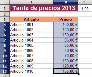 Sustituir fácilmente los valores de un rango de celdas operando con otra celda en OpenOffice Calc
