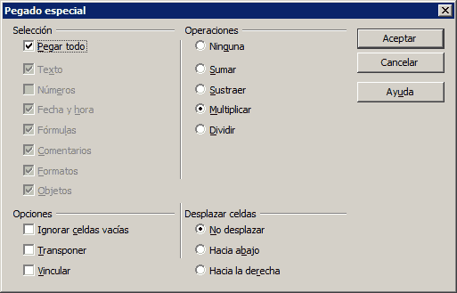 Diálogo Pegado especial con la operación Multiplicar