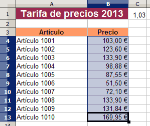 Celdas con los valores sustituidos tras multiplicar