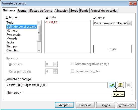 Diálogo Formato de celdas con un formato numérico con signo más