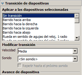 Panel de tareas con la transición de diapositivas y la opción Otro sonido