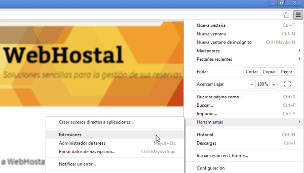 Menú de Chrome con Herramientas > Extensiones y el enlace Obtener más extensiones