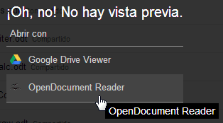 Aviso de Google Drive para abrir el documento con OpenDocument Reader