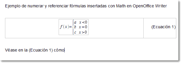 Numerar y referenciar las fórmulas insertadas con OpenOffice Math en Writer