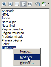 Menú contextual de un estilo de página con la opción Modificar