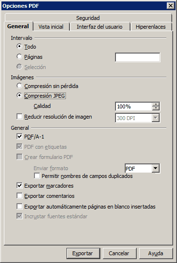 Opciones de exportación a PDF con compresión JPEG al 100%