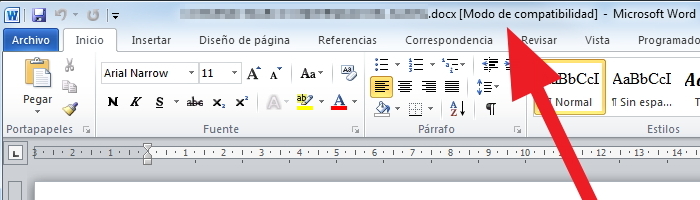 Barra de título de Writer con el modo de compatibilidad de Word