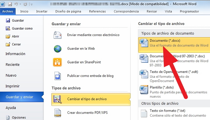Formatos de guardado disponibles para documentos de Word en OpenOffice